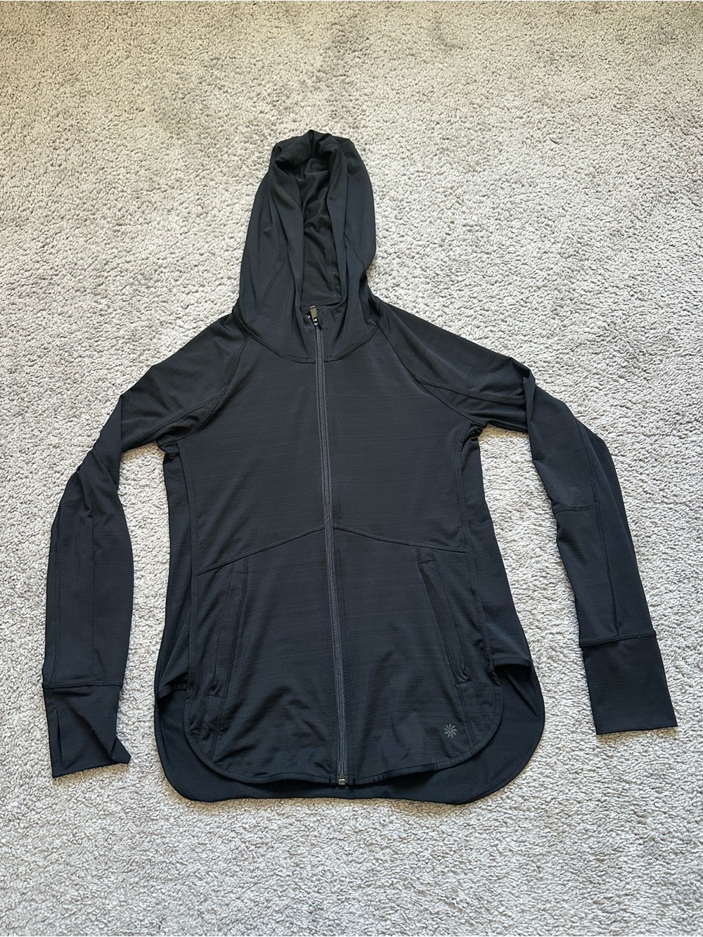 Athleta Women’s Black Full Zip Hooded Track Jacket XS Long Knit Polyester